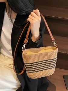 Túi Tote Dệt Kiểu Pháp Cổ Điển Thời Trang Túi Đeo Vai Chéo Sọc Bãi Biển Túi Đeo Vai Mềm Có Khóa Kéo Túi Đeo Vai Đơn Cho Nữ