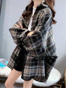 Large Elegant Plaid Flannel Shirt Women Autumn Spring