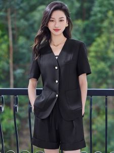 WANGGONGZHU | Princess Style Fashionable Commute Suit Set Women Summer New Loose Wide Leg Short Pants Two Piece Set V Neck Button Up Polyester Fiber