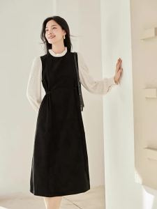 Yigue | Elegant Drape Long Sleeve Dress for Spring and Autumn Slimming Waist Accentuating Contrast Color Wooden Ear