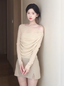 Korean Style Long Sleeve T-Shirt Women Early Autumn Elegant Gentle Uneven Pleats Waist Cinching Slimming Beautiful Top