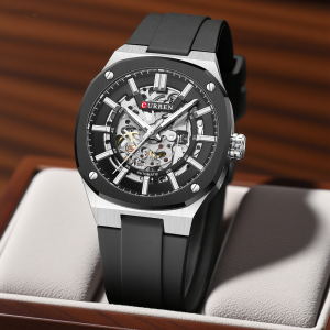 CURREN Modern Mens Mechanical Watch Selft-Wind Black Silicone Strap with See-Through Dial Sport Wristwatch Luminous Hands