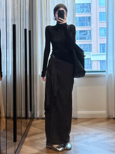 Elegant Black T-Shirt Dress Set High Waist A-Line Skirt Long Sleeve round Neck Commute Style Korean Fashion Polyester Fiber