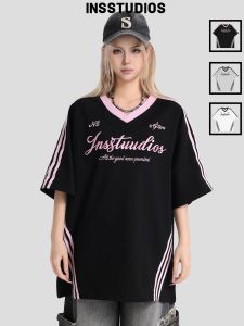 Couple Fashion Stripe Patchwork V-Neck Short Sleeve Loose T-Shirt
