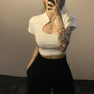 Knitwear Cheongsam Short Sleeve T-Shirt Womens Clothing Summer 2024 New Arrival Small Silm High Waist Crop Top Ins Fashion