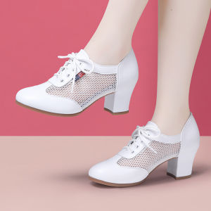 Womens Summer Leather Dance Shoes Ballroom Dance Mid Heel Soft Bottom Teachers Jitterbug Dance Shoes Breathable Comfortable Shoes for Square Dance