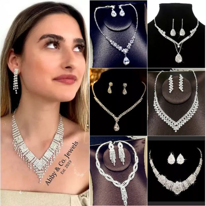 Abby&Co. 2in1 Jewelry Set Rhinestone Necklace Earrings Accessory Set Lazada PH