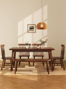 Solid Wood Rectangular Dining Table And Chairs Combination for Living Room And Restaurant Home Use Small Apartment Walnut Color