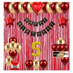 Set Dekorasi Backdrop Pesta Balon Ulang Tahun Anak Banner Happy Birthday Hitam Tirai Merah Simple