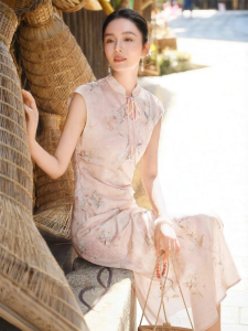 XIANGYING | New Chinese Style Printed Qipao Dress Slim Fit Mandarin Collar