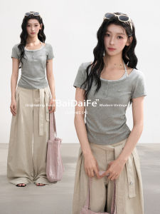 BAIDAIFEI | Pseudo Two-Piece Check Halter-Neck Regular Shoulder Short Sleeve T-Shirt