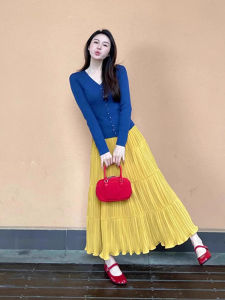 Yellow Pleated Cake Half Skirt Womens Summer 2025 New Small Size Elastic Waist A-Line Gown Umbrella Skirt Early Autumn