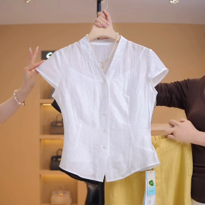 Summer Cool Womens Shirt Pearl Acetate Thin Waist Short Sleeve V-neck Comfortable Breathable Casual Fashion Office Style