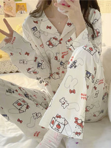 Fashionable Long Sleeve Sleepwear Set Womens Casual Outfit Kitty Cat Print Comfortable Cotton Polyester Blend Autumn Winter