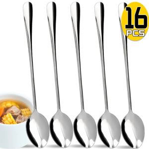 16Pcs Stainless Steel Spoon Long Handle Coffee Ice Cream Dessert Stirring Tea Spoon Picnic Kitchen Tableware