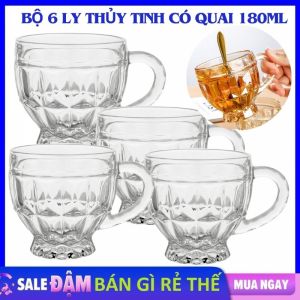 COMBO 6 Ly Thuỷ Tinh Sang Trọng Có Quai - Cốc Thuỷ Tinh Chịu Nhiệt 180ml - Ly Uống Cà Phê  Cốc Uống Nước  Trà Tiện Lợi - Ly Rock Thủy Tinh Pha Lê