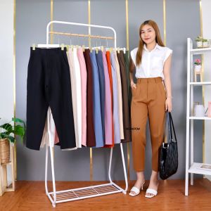 8801# กางเกง ทรงสแล็คกระบอกเล็ก 8 ส่วน เอวสูง ใส่ทำงาน ผ้าเปเป้ ไซส์ S-XXL