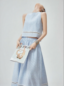 XIAODADEHUA | Blue and White Stripes Nautical Lace Hollow Out Korean Style High-end Loose Two Piece Set