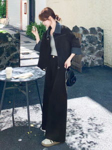 French Vintage Velvet Set Womens 2025 Autumn Denim Patchwork Short Jacket Wide Leg Pants Two-Piece Set Fashionable Casual Outfit