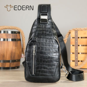 EDERN 2025 New Crocodile Pattern Genuine Leather Mens Chest Bag Cowhide Crossbody Bag Fashion Casual Sling Bag Outdoor Commuting Bag