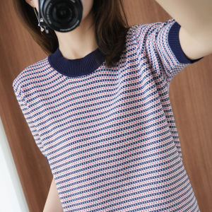 2022 New Style Age-Defying Stripe Pure Cotton Knitted Short Sleeve Womens T-Shirt Thin Linen Top Loose Cotton-Linen Half Sleeve