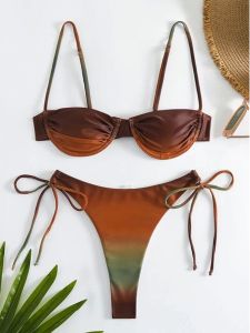 Gradient Pure Color Three-Point Swimsuit Knot Design Short Sleeve V-Neck Two-Piece Set for Young Women Ages 18-25 from China