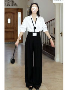 White V-neck Shirt And High-waisted Wide-leg Pants Womens Commute Fashion Set Polyester Fiber Short Sleeve Long Pants