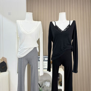 Lin Xiaxia Womens Long Sleeve T-shirt 55% Modal 45% Linen Large V-neck Gentle Pure Desire Personality Casual Summer Top