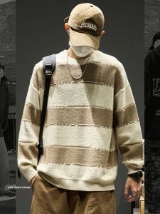 เสื้อสเวตเตอร์คอตั้งลายทางสีบล็อกสไตล์ย้อนยุคแบบอเมริกันสำหรับผู้ชาย เสื้อสเวตเตอร์ถักหลวมๆ สไตล์ลำลองสำหรับฤดูใบไม้ร่วงและฤดูหนาว