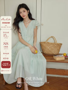 ORWhite French Vintage Double Layer Fairy Sleeve 3D Wooden Edge V-Neck Dress Women Summer Slimming Commuting A-Line Dress