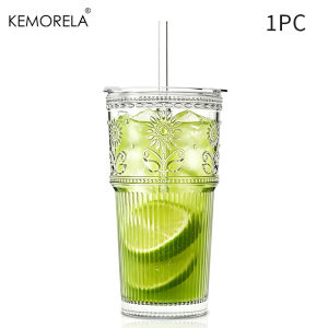 590ML Sunflower Glass Coffee Cups with Lids and Straws 1/2PCS Transparent Drinking Glasses for Juice Iced Coffee Mugs Drinkware