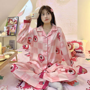 คู่รัก ฤดูร้อน น้ําแข็ง ผ้าไหม บาง การ์ตูน น่ารัก เสื้อผ้าบ้านชุดสองชิ้นสําหรับผู้ชายแขนสั้น กางเกง กางเกงขาสั้น บ้านสบาย ชุดนอน