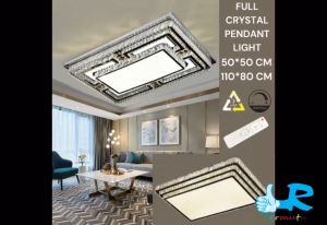 LAMPU PLAFON LED CRYSTAL PERSEGI PANJANG BESAR 110 X 80CM 3 SUSUN SEGI KOTAK 50CM 3 SUSUN KACA PASIR 3 WARNA FREE REMOT CEILING LIGHT 1 METER LUXURY MEWAH FULL CRYSTAL KACA