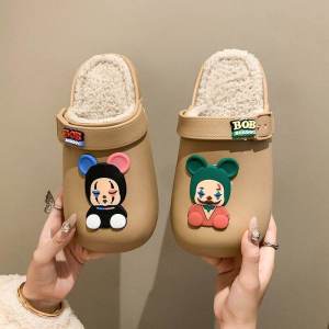 Cute Clown Closed Toe Cotton Slippers Female Outwear Winter Thick Sole Interior Home Two Wear Shit Feeling Velvet Woolen Slipper