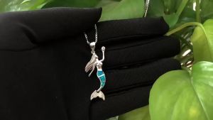 Silver Color Mermaid Pendant Necklace with Blue Opal Iridescent Tail Cubic Zirconia Gem Delicate Chain Jewelry for Women