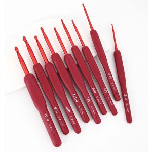 Red Crochet Hook DIY Hand Woven Tool Aluminum Oxide Knitting Needle with Silicone Anti-Slip Handle 2-6mm for Wool Crochet