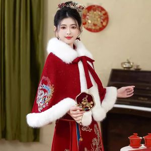 Wedding Dress Chinese Style New Bride Show He Fei Suit Coat Thick Winter Warm Woolen Shawl for Marriage Celebration