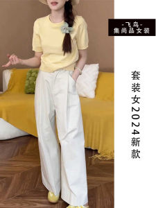 Summer Fashion round Neck Short Sleeve T-Shirt High Waist Wide Leg Straight Cut Pants Two Piece Set Versatile Casual Outfit