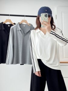 Áo Thun Dài Tay Màu Đen Kẻ Sọc Giản Dị Thoải Mái Cỡ Lớn Thiết Kế Mới Mùa Thu 2025 Áo Thun Cotton Dành Cho Nữ