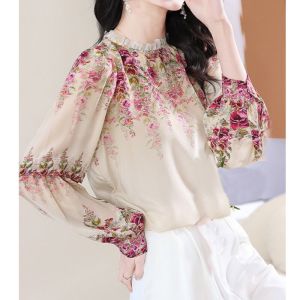 Elegant Silk Printed Shirt Womens Fashionable Simulated Silk Spring New Style Ladylike Mulberry Silk Floral Pattern Blouse