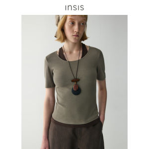 INSIS FEMME | Cross-stitched Linen Cotton Slim-fit Short-sleeve T-shirt Round Neck