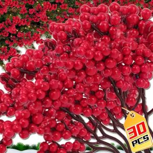 Dizoey 30PCS Artificial Berry Branches Christmas Red Fake Holly Berries Bouquet DIY Wreath Xmas Tree New Year Home Party Decoration