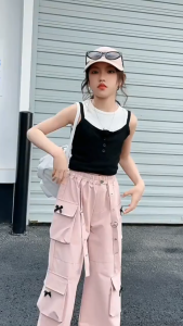 Kids Girls Cargo Pants Multi-Pocket Bow Decoration Elastic Waistband Sweet Girls Swmmer Jogger Pants Fashion Casual Korean Style Baggy Pants 7-16yrs