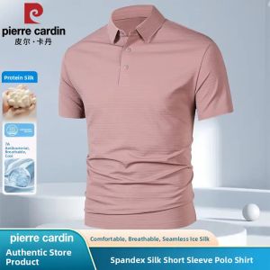 Pierre Cardin Mens Summer New Ice Silk Polo Shirt Short Sleeve Casual Thin Flip Collar Seamless Fashion City Business Casual