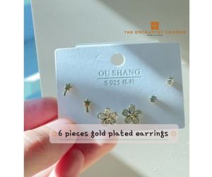 6 pieces Gold Plated Floral AAA Cubic Zirconia Silver 925 Pin Earrings | 6件装 真金电镀 AAA闪爆皓石 花卉耳环