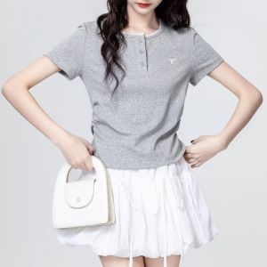 Elegant Lace Trim Short Sleeve T-Shirt Womens Summer Butterfly Knot Embroidered Pleated Unique Pure Cotton Top Korean Style Commute