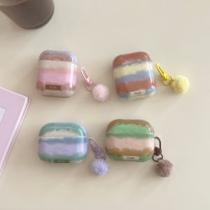 เคสหูฟังลายเส้นสีสันสดใสสไตล์โดปามีน พร้อมจี้รูปทรงลูกบอลขนปุย สำหรับ AirPods 1 หรือ 2 3 4 Pro 2 Pro 3