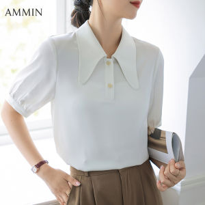 Ammin mùa hè mới polo cổ tay ngắn áo phông voan nữ phong cách phiên bản Hàn Quốc đơn giản màu trắng ngọt ngào xù tay áo phồng thoải mái Áo Blouse thanh lịch