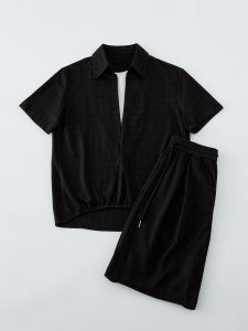 ZHUOCAN | High-street Luxurious Imitated Two-pieces Set Ice Silk Short Sleeve Top & Shorts