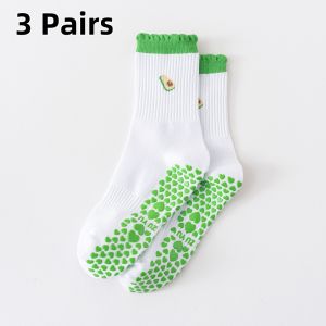 European size 36-43， 3 Pairs Knitted Embroidered Yoga Fitness Pilates Sports Silicone Non slip Bottom Womens Middle Socks